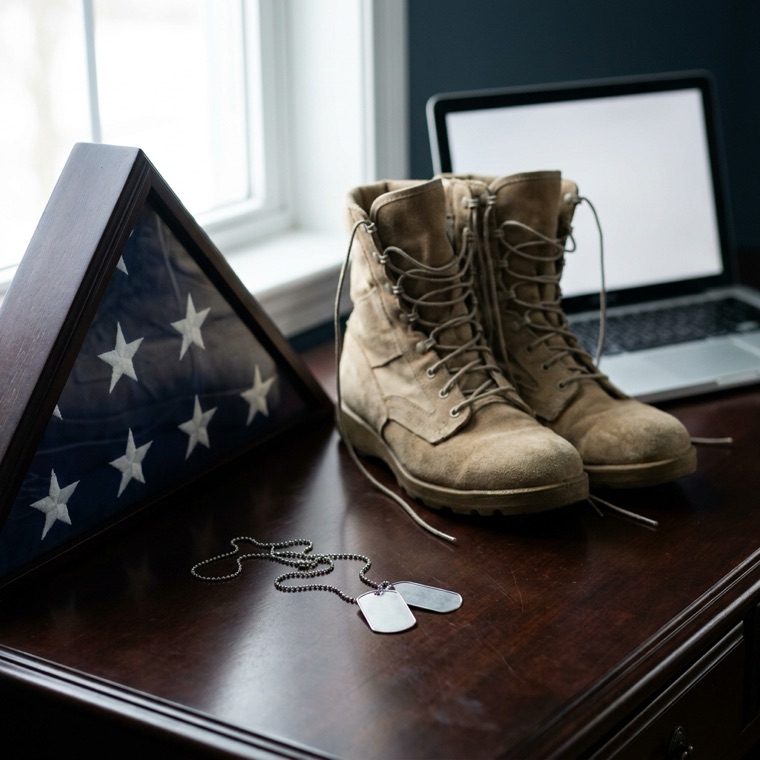A folded American flag in its display case, a pair of worn combat boots and two dog tags on a desk beside a laptop